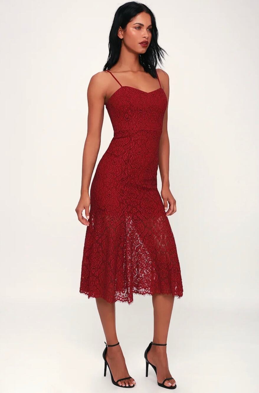 Lulus 4Sienna Gypsy Rose Wine Red Lace Midi Dress Women’s Small Spaghetti Strap